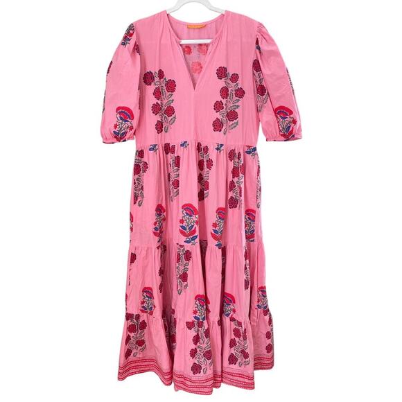 Oliphant Tuckernuck Boca Pink Puff Sleeve Maxi Midi Cotton Block Print Dress - Picture 10 of 16